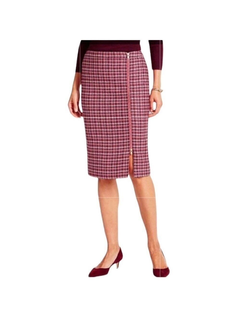 Talbots Tweed Houndstooth Wool Blend Offset Zipper Pencil Skirt Size 12P
